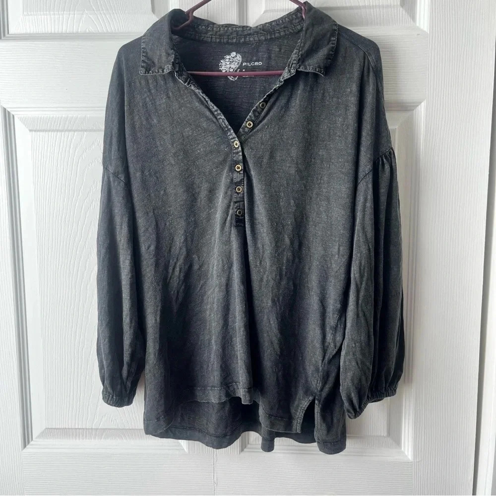 Anthropologie Pilcro Buttoned Balloon Sleeve Blouse Size Med Washed Black